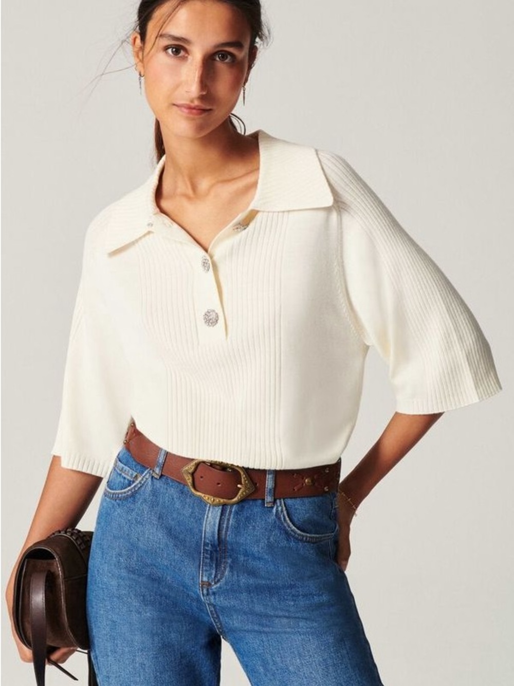 Ba&sh Eliot Jumper Jeweled Buttons Polo Preppy Contemporary Old Money Large
